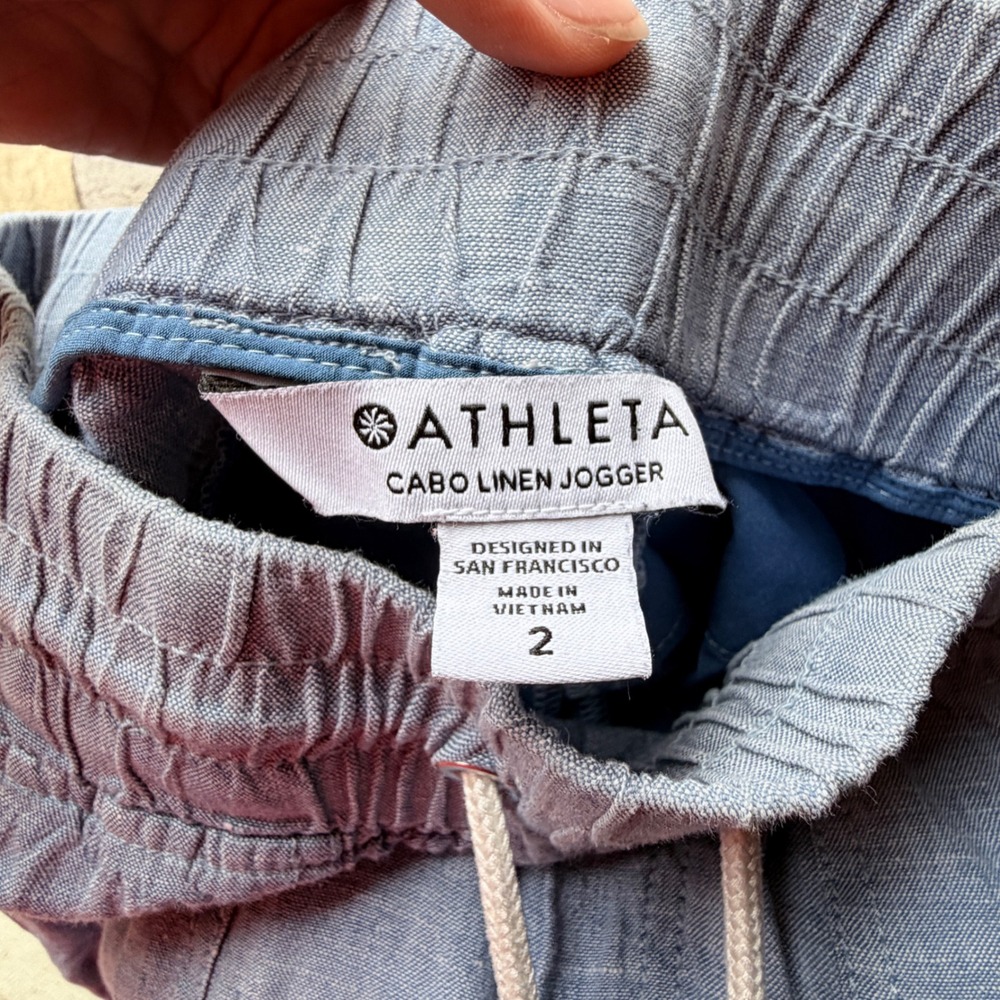 Athleta Women 2 Cabo Linen Jogger Blue Smocked Waist Zipper Pockets Athleisure - Picture 7 of 12